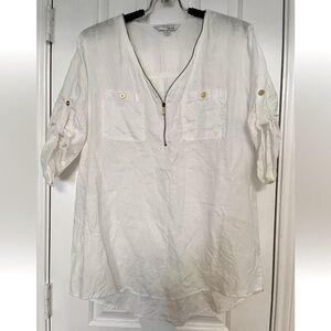 🌻 Ellen Tracy Womens Sz L White Linen 3/4 Tab Sleeve Hi-Lo Top